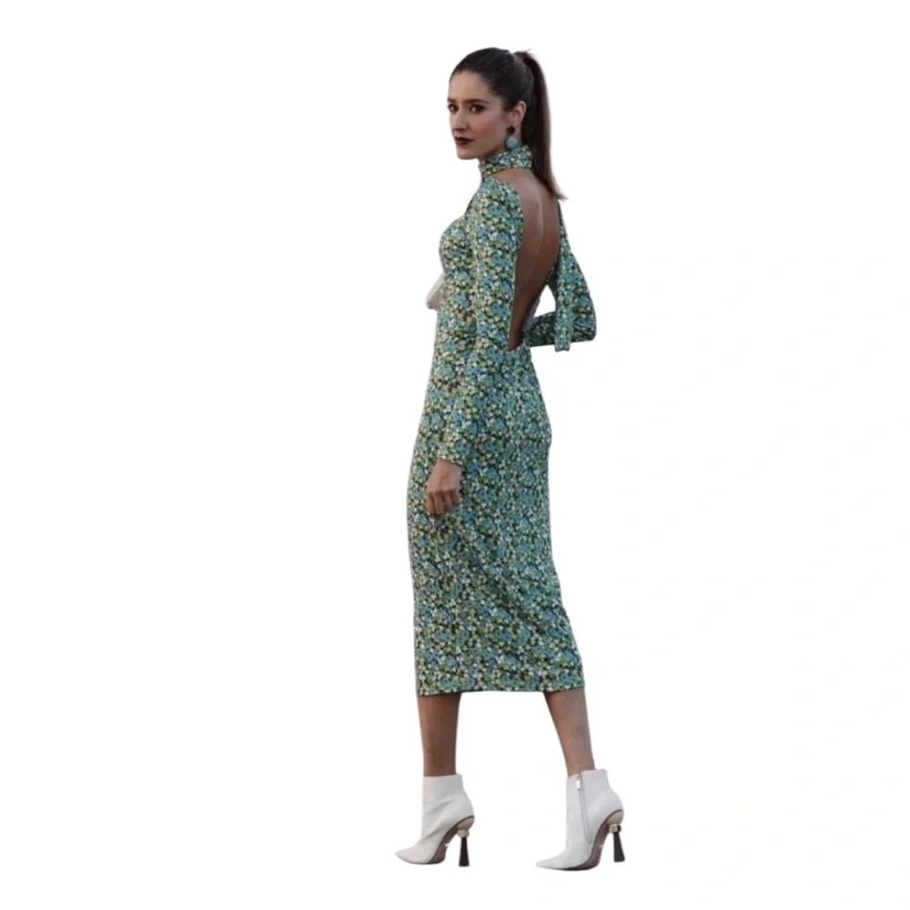 Zara‎ green blue floral long-sleeve midi dress high neck Kentucky Derby Medium